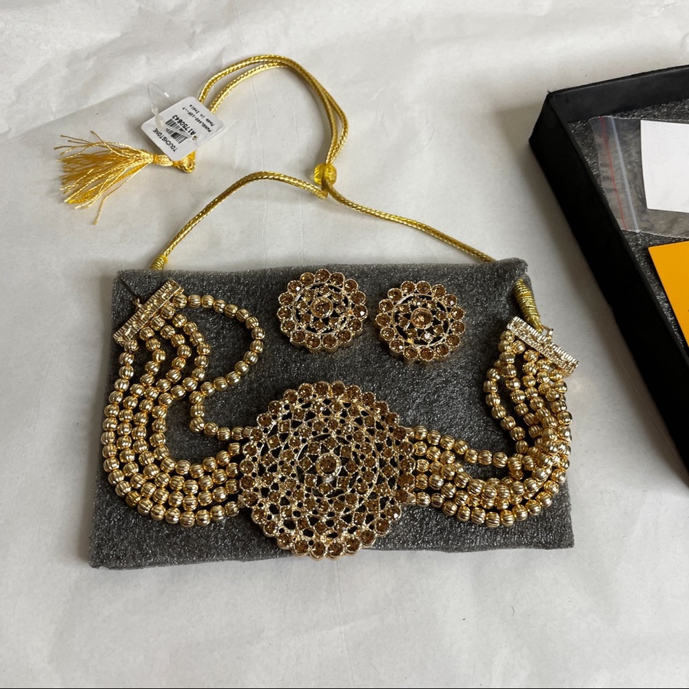 Touchstone Bollywood Yellow Rhinestone Gold Beaded Choker Necklace & Earrings - Picture 6 of 16